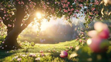A Spring Sunrise in a Blossoming Garden