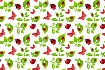 Colorful seamless pattern featuring ladybugs and butterflies among green leaves suitable for various creative projects