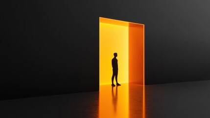 Obraz premium Silhouette of a person standing in a glowing doorway with a warm orange light in a dark environment