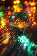 A glowing glass sphere reflecting vibrant neon lights on a dynamic, futuristic surface, creating a mesmerizing and surreal visual effect