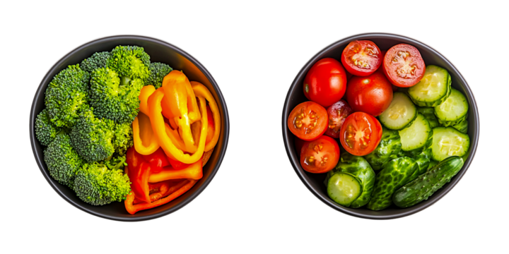 Top view of two bowls with fresh vegetables on a transparent background, flat lay, top-down view
