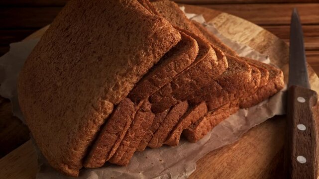 Wholemeal sliced bread warm rustic backdrop presentation stock footage