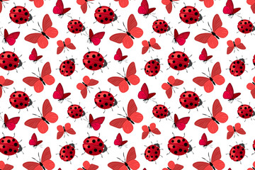 Vibrant seamless pattern featuring red ladybugs and butterflies with black spots on a white background representing nature s beauty