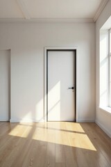 Sunlit Empty Room with Modern Door and Light Hardwood Floor