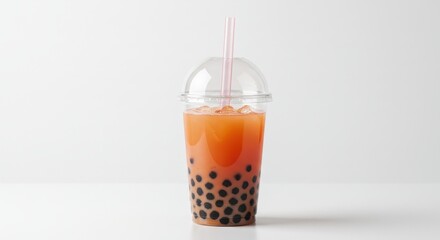 Refreshing Peach Bubble Tea in a Plastic Cup