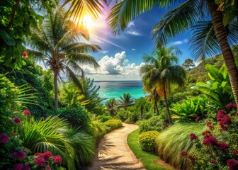 Fototapeta premium Tropical Garden Path, Anse Vata Bay, Noumea, New Caledonia: Double Exposure Photography