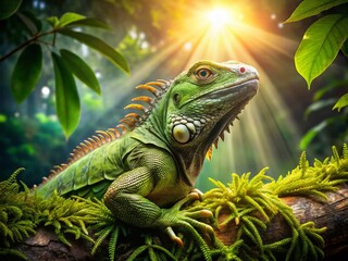 Fototapeta premium Tropical Iguana Portrait: Reptile on Branch in Lush Green Setting