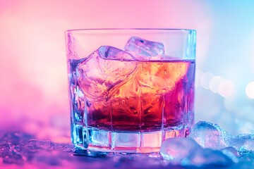 Vibrant Cocktail Drink with Ice Cubes Neon Pink and Blue Backlit Nightclub Scene