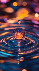 A glowing droplet suspended in midair above a rippling water surface, reflecting vibrant neon colors in a mesmerizing, futuristic setting