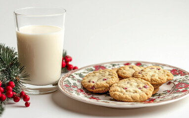 Christmas Eve Milk and Cookies on a Decorative Plate Isolated On White background.