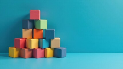 Fototapeta premium A Colorful Arrangement of Stacked Cubes on a Teal Background, Representing Growth, Stability, and Creativity