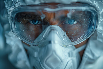 Man in chemical protective suit and gas mask in laboratory generative AI