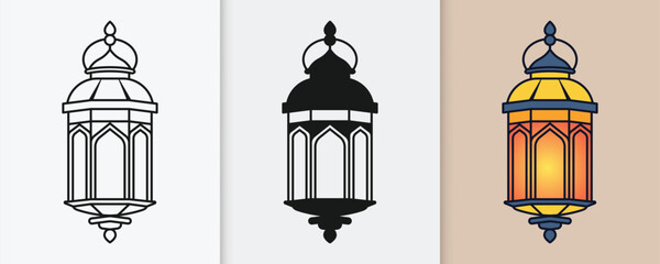 Islamic lantern outline and silhouette icon set with isolated flat vector illustration for eid celebration