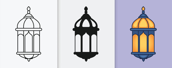 Islamic lantern outline and silhouette icon set with isolated flat vector illustration for eid celebration