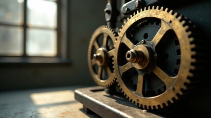 Obraz premium Intricate Brass and Steel Gears Intermeshing in a Sunlit Workshop