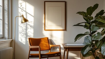 Fototapeta premium Sunlit Interior: Mid-Century Modern Design with Warm Hues and Natural Light