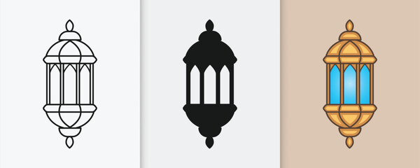 Fototapeta premium Islamic lantern outline and silhouette icon set with isolated flat vector illustration for eid celebration