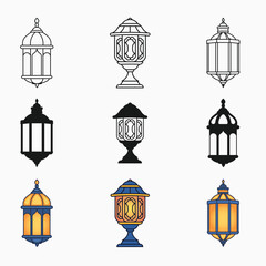 Islamic lantern outline and silhouette icon set with isolated flat vector illustration for eid celebration