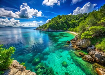 Turquoise Coastal Paradise: Panoramic View of Serene Rocky Shore & Lush Greenery