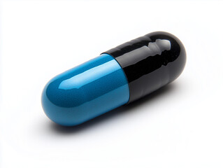 Une g&eacute;lule noire et bleu sur fond blanc, en perspective, m&eacute;dicament
