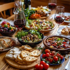 Obraz premium A Delicious Feast: Close-up of Table Laden with Salad, Bread, Pasta, Tomatoes, Grapes, and Red Wine, Perfect for Sharing