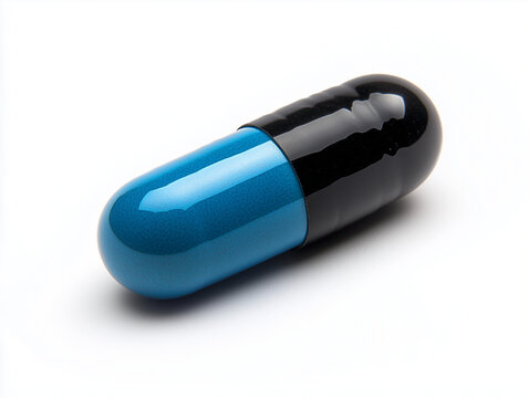 Une g&eacute;lule noire et bleu sur fond blanc, en perspective, m&eacute;dicament