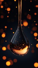 A glowing golden droplet suspended in midair, reflecting warm ambient lights against a dark background, creating a surreal and futuristic atmosphere