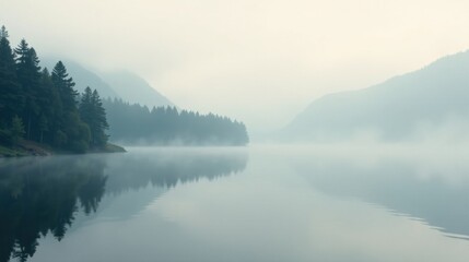 Fototapeta premium Serene Misty Lake Landscape with Reflections of Trees and Mountains in the Still Water