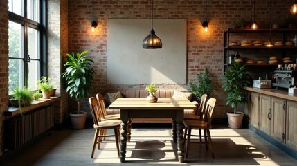 Obraz premium Sunlit Rustic Interior with Wooden Table and Chairs, Brick Walls, and Potted Plants