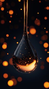 A glowing golden droplet suspended in midair, reflecting warm ambient lights against a dark background, creating a surreal and futuristic atmosphere