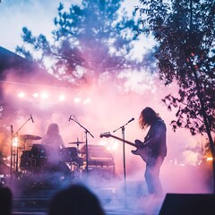 Live music performance outdoor venue concert photography foggy setting energetic atmosphere