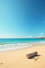 Obraz premium Serene Coastal Scene A Single Weathered Log Rests on Pristine Sandy Beach Under a Vivid Blue Sky