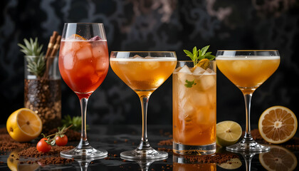 Several colorful cocktails presented elegantly with various decorative elements