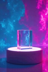 A Clear Glass Prism on a Luminous Circular Pedestal Against a Vibrant, Swirling, Neon-Colored Background
