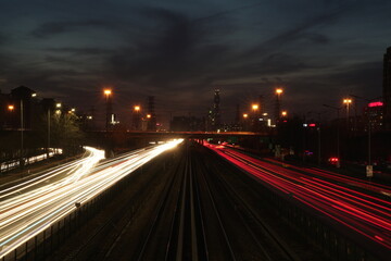 night traffic on the highway from above with long shutter speed