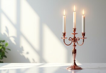 Rose Gold Candelabra with White Candles: A High-Definition, Ultra-Realistic Product Photography Against a Clear White Background, Perfect for Elegant Home Decor Campaigns.
