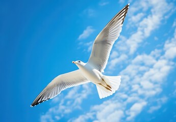 Obraz premium Elegant Seagull Gliding in a Bright Blue Sky with Fluffy White Clouds in the Background Captured in High Detail