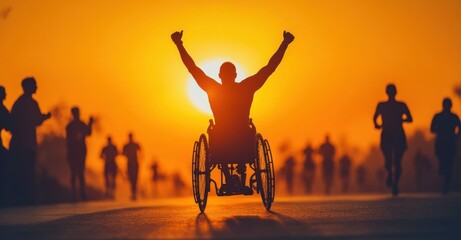 Fototapeta premium Celebrating resilience and determination during a sunset marathon event with runners and wheelchair competitors