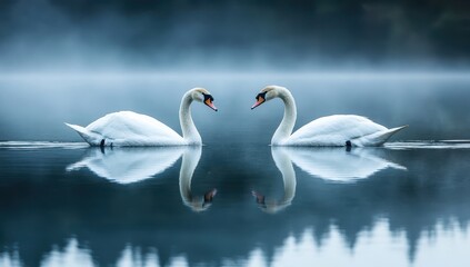 Obraz premium Elegant Swans Gliding on a Serene Misty Lake Surface with Calm Water Reflections and Soft Fog in the Background at Dawn