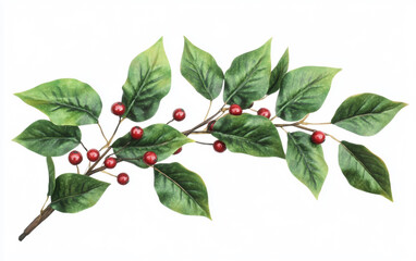 Christmas Holly Sprig with Glossy Green Leaves Isolated On White background.