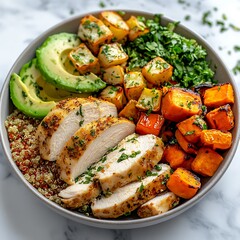 Delicious chicken quinoa bowl modern kitchen food photography bright daylight close-up healthy eating