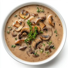Highresolution overhead photo of Mushroom Soup with cream and thyme on white background