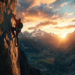 Obraz premium Climbing a challenging rock face against the backdrop of the majestic snow-capped mountains during a brilliant sunrise.