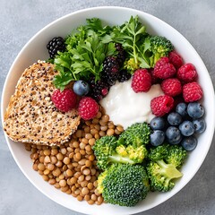 Healthy meal bowl preparation kitchen food photography bright environment top-down view nutrition...
