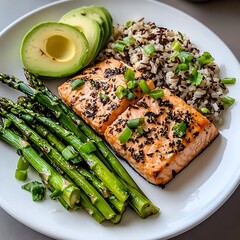 Healthy salmon dinner plate with avocado and rice home kitchen food photography modern style