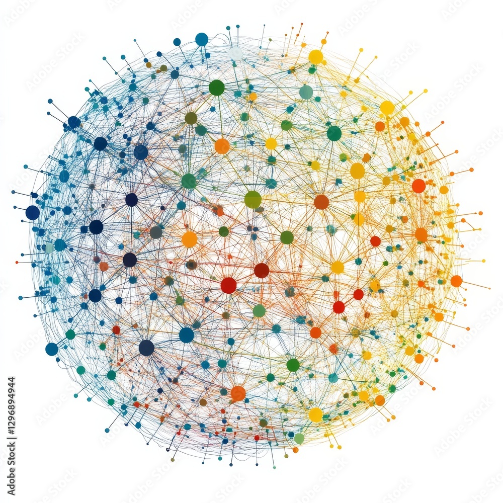 Poster Connected World: A Vibrant Network of Dots and Lines on White Background Showcasing Interconnectedness and Global Communication