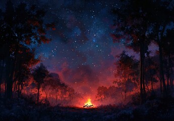 Fototapeta premium A group sits around a campfire under a starry sky