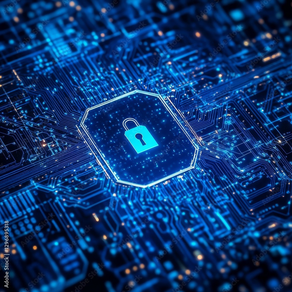 Aufkleber Cyber Security: Digital Lock on Motherboard - Protecting Data with Technology and Secure Connections.