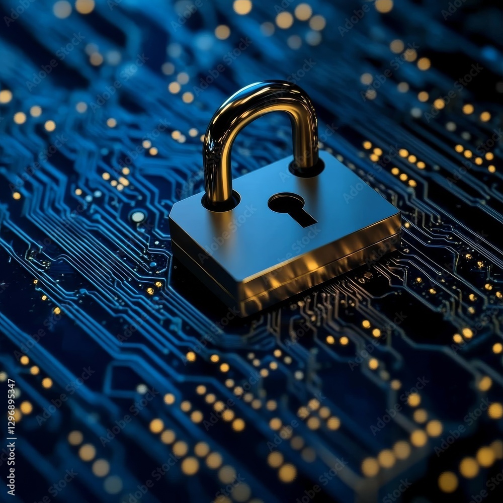 Poster Cybersecurity: Metallic Padlock on Electronic Circuit Board, Representing Data Security and Digital Protection