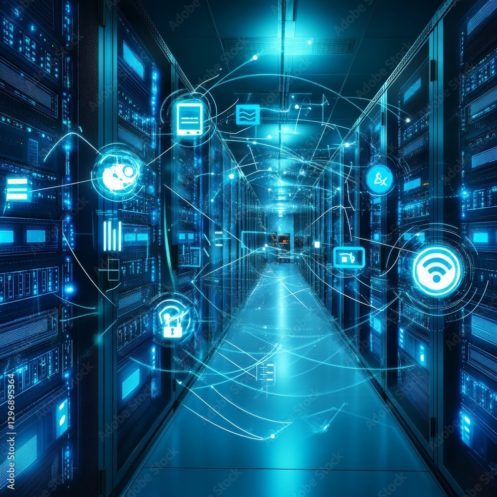 Poster data center infrastructure with interconnected digital services and cyber security solutions.